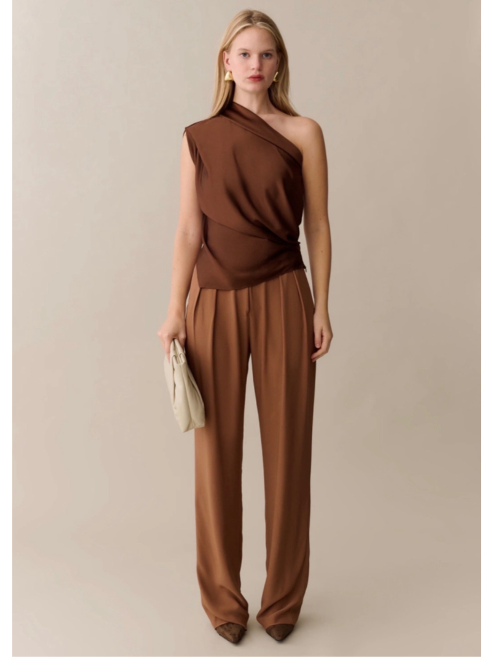 Women's Few Moda One-Shoulder Draped Silk Blouse Brown Size 4